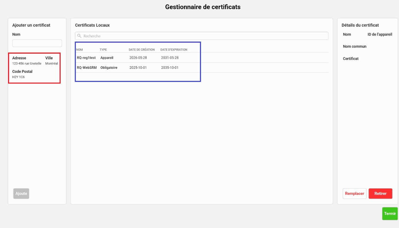 Écran Gestionnaire de certificats avec deux certificats téléchargés (RQ-reg1test et RQ-WebSRM), l'adresse et le code postal du magasin encadrés en rouge et la liste des certificats encadrée en bleu
