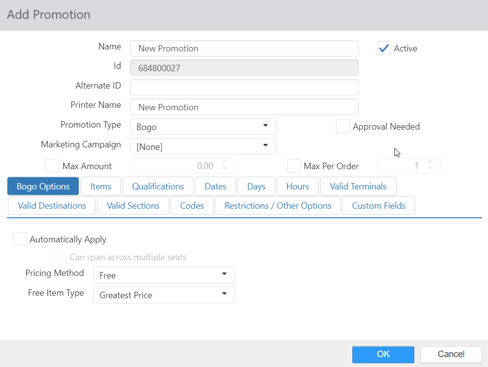 Add Promotion dialog, Bogo Options tab, with Name, Id, Alternate ID, Printer Name, Promotion Type set to Bogo, Marketing Campaign, Max Amount, Max Per Order, Automatically Apply, Pricing Method set to Free, and Free Item Type set to Greatest Price
