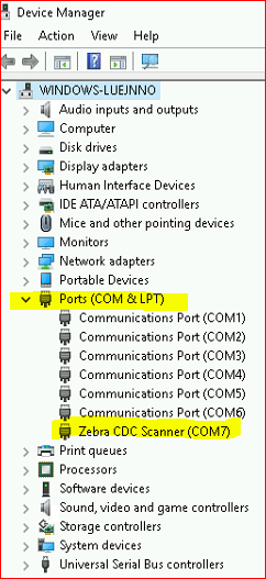 Device Manager showing Zebra CDC Scanner on COM7