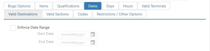 Edit Promotion dialog, Dates tab, with Enforce Date Range checkbox and StartDate/EndDate fields