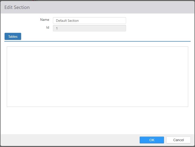 Edit Sections dialog, Tables tab showing Name, Id, and an empty Tables list