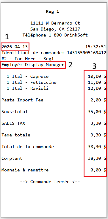 Customer receipt in French with three numbered red callout boxes around the date, employee name, and item totals
