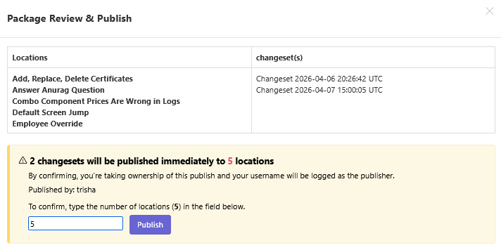 Package Review & Publish dialog listing changesets and locations, with a field requiring the user to type the number of locations (5) before the Publish button activates