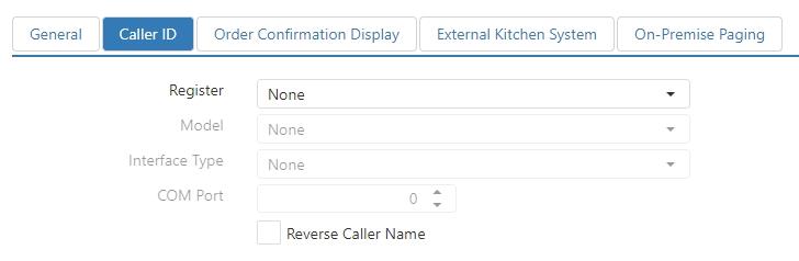 Options > System > Caller ID tab showing Register, Model, Interface Type, COM Port, and Reverse Caller Name fields