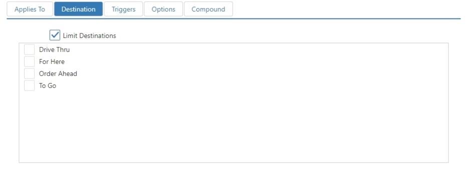 Edit Tax dialog, Destination tab showing Limit Destinations checkbox with Drive Thru, For Here, Order Ahead, and To Go checkboxes