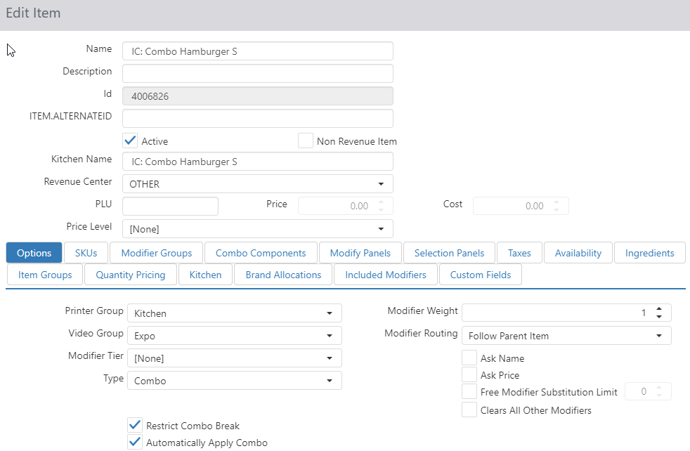 Edit Item dialog, Options tab, showing Name, Description, Id, Active/Non Revenue Item checkboxes, Kitchen Name, Revenue Center, PLU, Price, Cost, Price Level fields and the row of item detail tabs