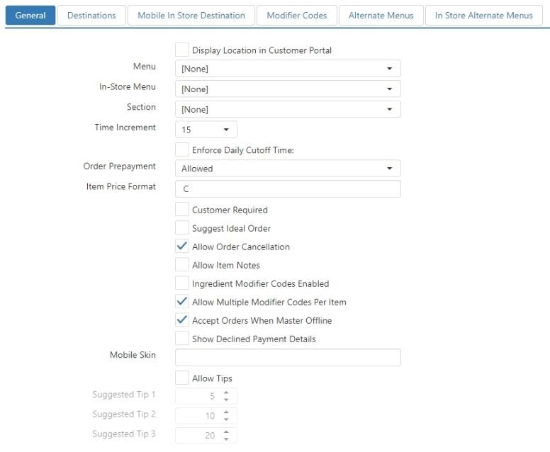 Options > Online Ordering > General tab, showing Display Location in Customer Portal, Menu, In-Store Menu, Section, Time Increment, Enforce Daily Cutoff Time, Order Prepayment, Item Price Format, and various checkboxes for customer and tip options