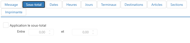 Boîte de dialogue Modifier Message d'imprimante, onglet Sous-total, avec la case Application le sous-total et les champs Entre et et