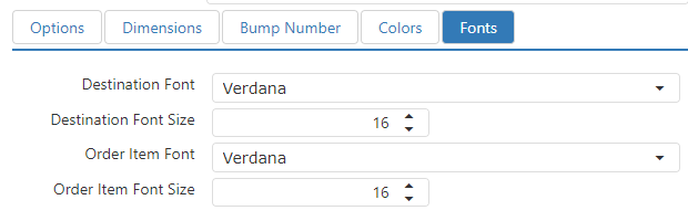 Add Kitchen View dialog, Fonts tab, with Destination Font and Order Item Font set to Verdana, and their respective font sizes set to 16