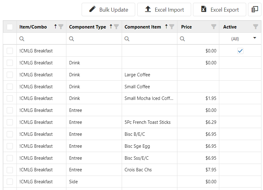 Items Bulk Price Update grid with Bulk Update, Excel Import, Excel Export buttons and a column chooser icon, showing Item/Combo, Component Type, Component Item, Price, and Active columns