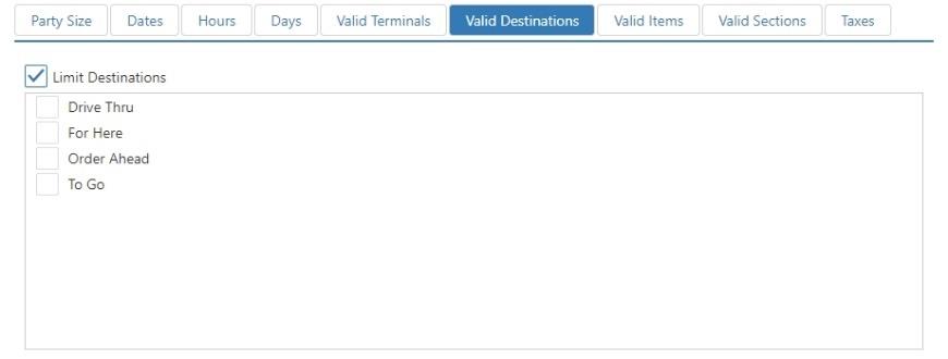 Edit Surcharge dialog, Valid Destinations tab showing Limit Destinations checkbox with Drive Thru, For Here, Order Ahead, and To Go checkboxes