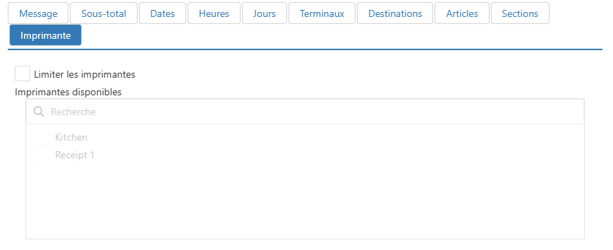 Boîte de dialogue Modifier le message de l'imprimante, onglet Imprimantes