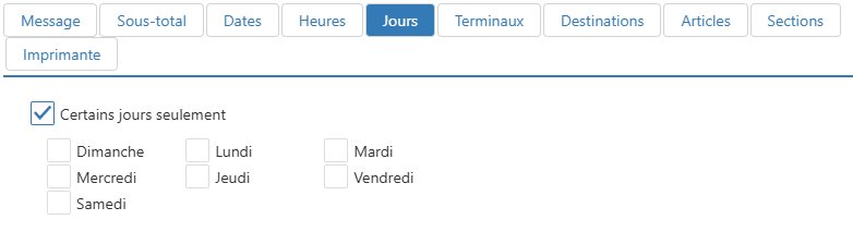Boîte de dialogue Modifier le message de l'imprimante, onglet Jours