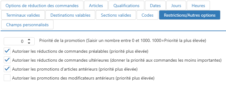 Modifier la boîte de dialogue de promotion, onglet Restrictions / Autres options