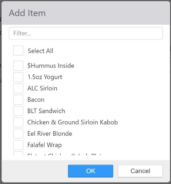 Add Item override dialog with a Filter box, Select All checkbox, and a scrollable list of food items