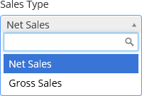 Sales Type drop-down list expanded, showing Net Sales selected and Gross Sales as the other option