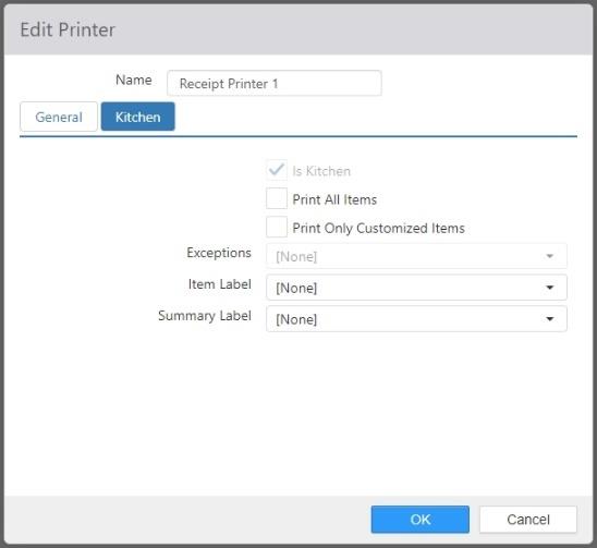 Edit Printer dialog, Kitchen tab (Epson TM-L90), with Is Kitchen, Print All Items, Print Only Customized Items, Item Label, and Summary Label controls