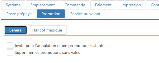 Onglet Général de Promotion, avec les cases Invite pour l'annulation d'une promotion existante et Supprimer les promotions sans valeur