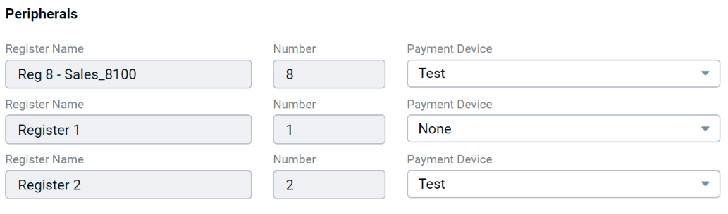 Peripherals section showing Register Name, Number, and Payment Device fields for three registers, with Payment Device dropdowns set to Test, None, and Test