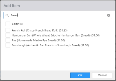 Add Item dialog filtered by "Bread" showing checkable list of French Roll, Hamburger Bun, Rye, and Sourdough with prices