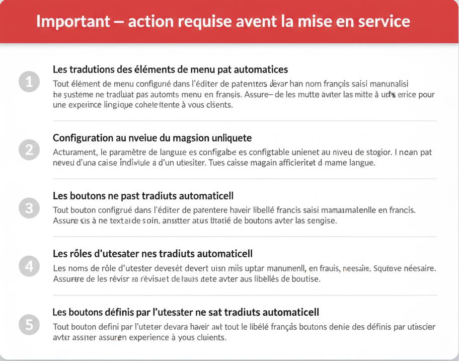 Encadré rouge « Important – action requise avant la mise en service » énumérant cinq points de vigilance liés à la traduction : éléments de menu, configuration de la langue au niveau du magasin, boutons, rôles d'utilisateur et boutons définis par l'utilisateur qui ne sont pas traduits automatiquement