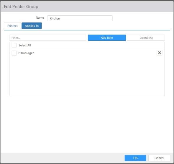 Edit Printer Group dialog, Applies To tab, showing a filterable item list with Select All checkbox