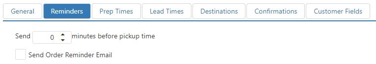 Options > Future Orders > Reminders tab, showing Send X minutes before pickup time and Send Order Reminder Email checkbox