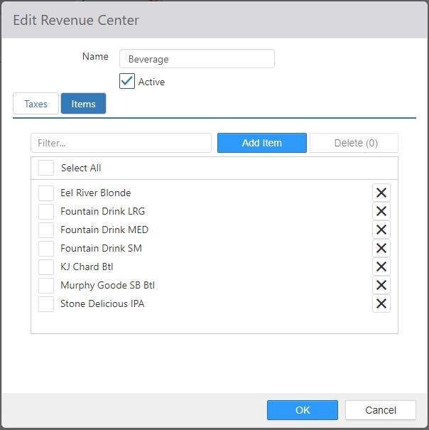 Edit Revenue Center dialog, Items tab showing a filterable list of items with checkboxes and an Add Item button