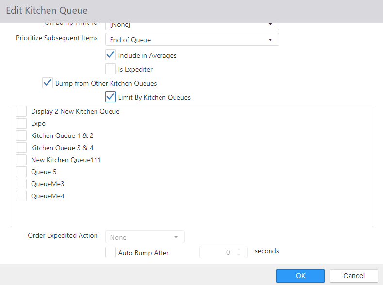 Edit Kitchen Queue dialog showing Bump from Other Kitchen Queues and Limit By Kitchen Queues checked, with a checklist of kitchen queues including Display 2 New Kitchen Queue, Expo, Kitchen Queue 1 & 2, Kitchen Queue 3 & 4, and others