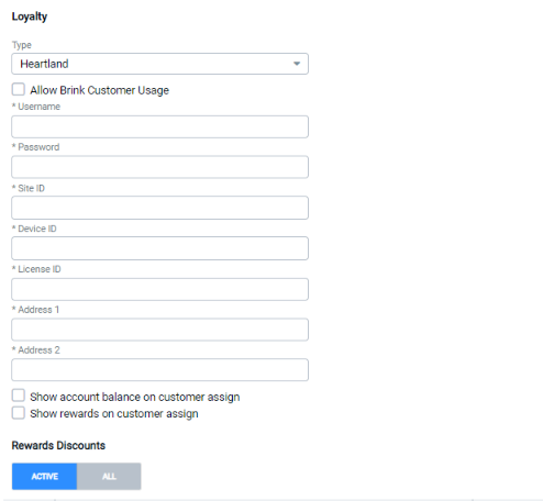 Edit Integration form for Loyalty with Type set to Heartland, showing Allow Brink Customer Usage checkbox, Username, Password, Site ID, Device ID, License ID, Address 1, Address 2 fields, Show account balance on customer assign and Show rewards on customer assign checkboxes, and a Rewards Discounts section with ACTIVE/ALL tabs