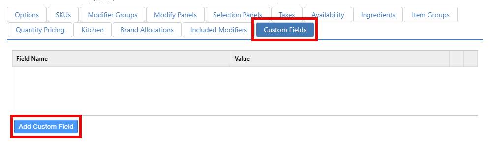 Edit Item dialog, Custom Fields tab highlighted, showing an empty Field Name/Value table and an Add Custom Field button