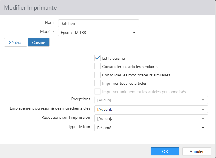 Boîte de dialogue Modifier l'imprimante, onglet Cuisine (la plupart des imprimantes)