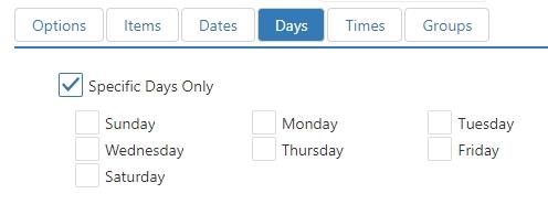 Edit Discount dialog, Days tab, with Specific Days Only checkbox and day-of-week checkboxes