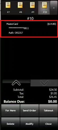 Order #10 detail screen showing the MasterCard refund line item of ($14.80) highlighted in red, with subtotal $24.50, tax $1.95, total $26.45, and Balance Due $0.00
