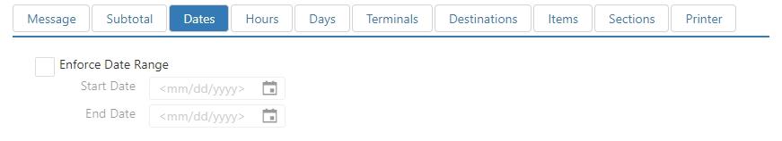Edit Printer Message dialog, Dates tab, with Enforce Date Ranges fields