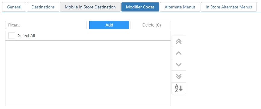 Options > Online Ordering > Modifier Codes tab, showing a filterable list of modifier codes with Add and Delete buttons and sort controls
