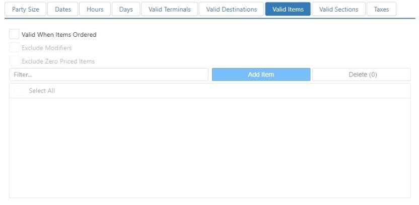 Edit Surcharge dialog, Valid Items tab showing Valid When Items Ordered, Exclude Modifiers, and Exclude Zero Priced Items checkboxes with an item list and Add Item button