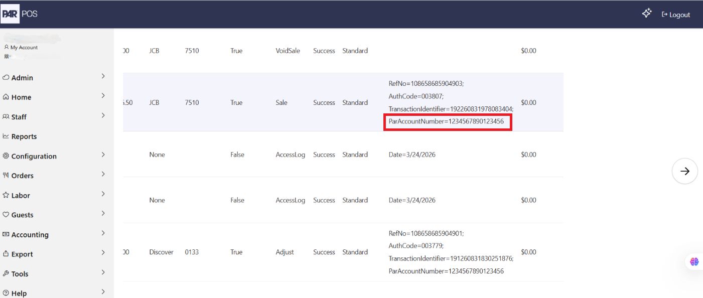 Credit Card Audit report row with the ParAccountNumber value highlighted in a red box within the Details column