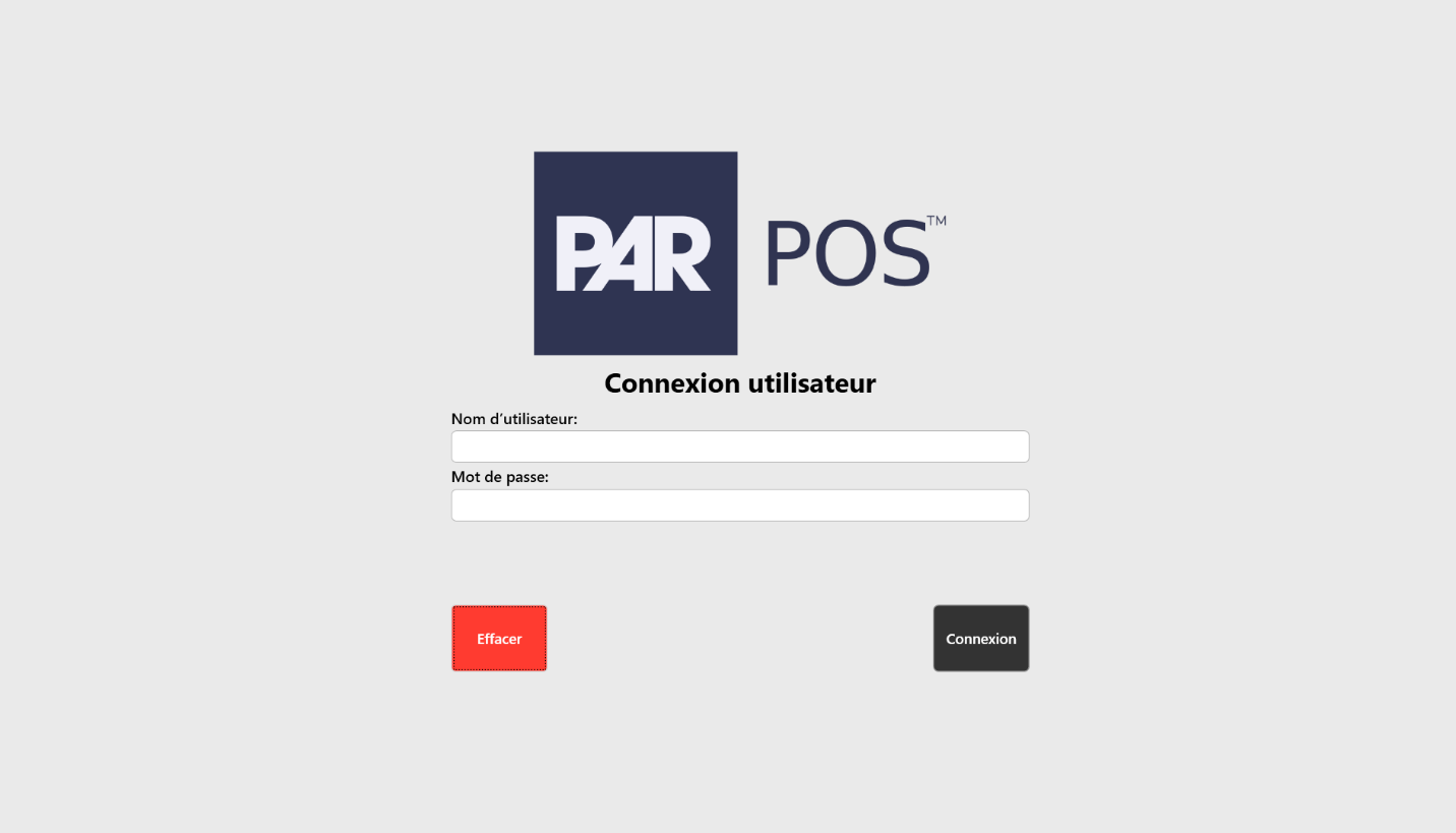 Écran de connexion utilisateur PAR POS, avec les champs Nom d'utilisateur et Mot de passe et les boutons Effacer et Connexion