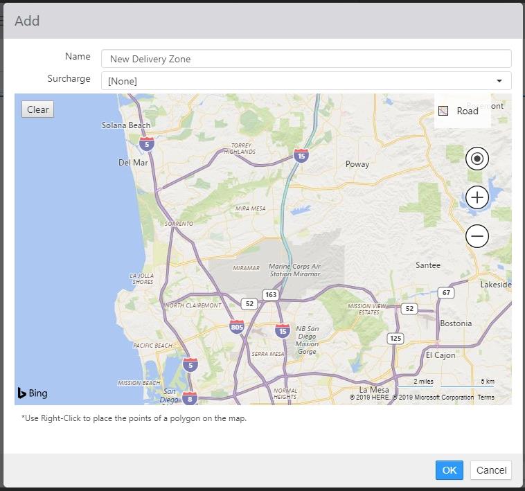 Add dialog for a delivery zone with Name, Surcharge fields and an interactive map for drawing the zone boundary
