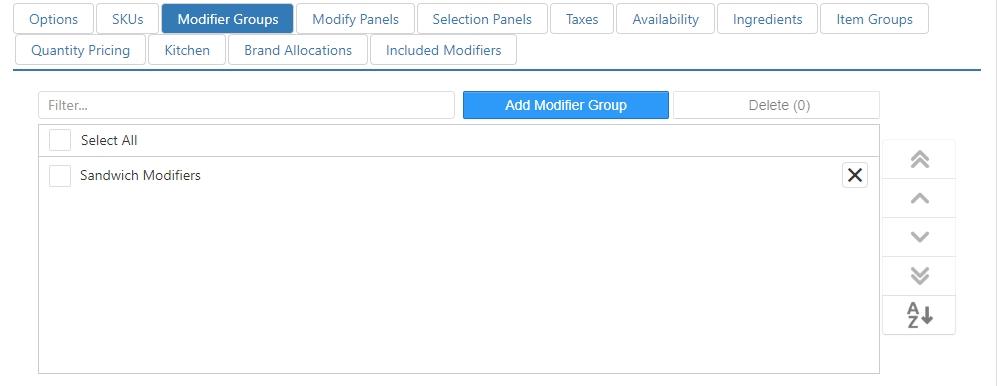 Edit Item dialog, Modifier Groups tab, showing a filter field, Add Modifier Group and Delete buttons, and a checklist including Sandwich Modifiers
