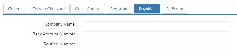 Royalties tab with Company Name, Bank Account Number, and Routing Number text fields