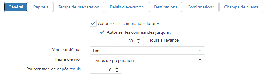Onglet Général des Ordres futurs, avec les options Autoriser les commandes futures, Voie par défaut, Heure d'envoi et Pourcentage de dépôt requis