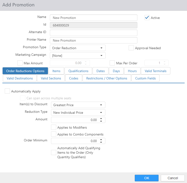 Edit Promotion dialog, Order Reductions Options tab, with Automatically Apply, Limit # of Discounted Items, Item(s) to Discount, and Reduction Type fields