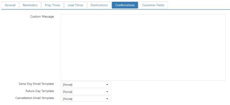 Options > Future Orders > Confirmations tab, showing Custom Message text box and Same Day Email Template, Future Day Template, and Cancellation Email Template dropdowns