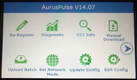 AurusPulse V14.07 menu screen showing Re-Register, Diagnostic, CCT Info, Manual Download, Upload Batch, Set Network Mode, Update Config, and Edit Config icons