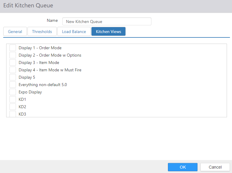 Edit Kitchen Queue dialog, Kitchen Views tab, with a checklist of kitchen views including Display 1 - Order Mode, Display 2 - Order Mode w Options, Display 3 - Item Mode, Expo Display, KD1, KD2, and KD3