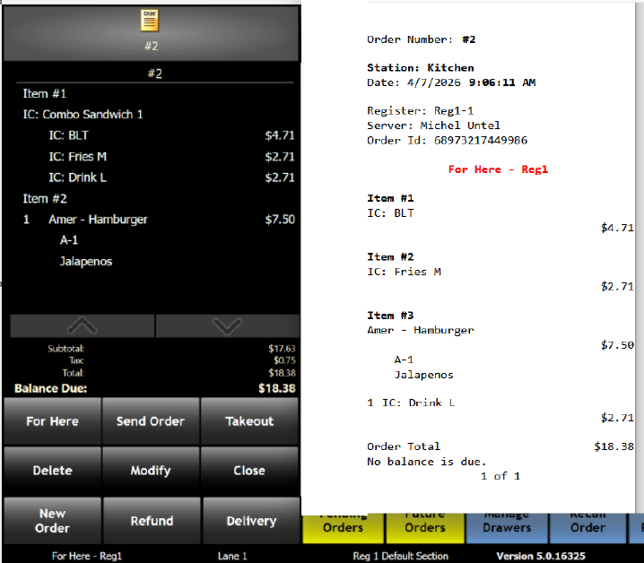 Register order screen showing combo component items (IC: Combo Sandwich 1, IC: BLT, IC: Fries M, IC: Drink L) alongside a matching kitchen chit printout with auto-numbered items