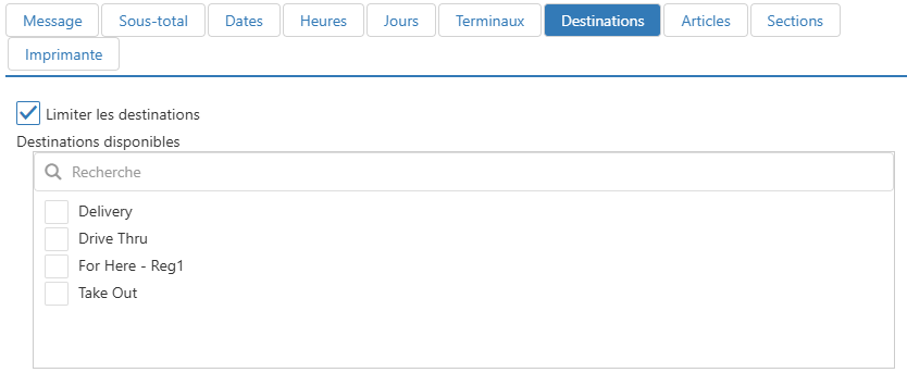Boîte de dialogue Modifier le message de l'imprimante, onglet Destinations