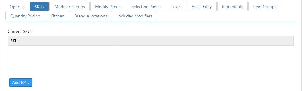 Edit Item dialog, SKUs tab, showing an empty Current SKUs list and an Add SKU button